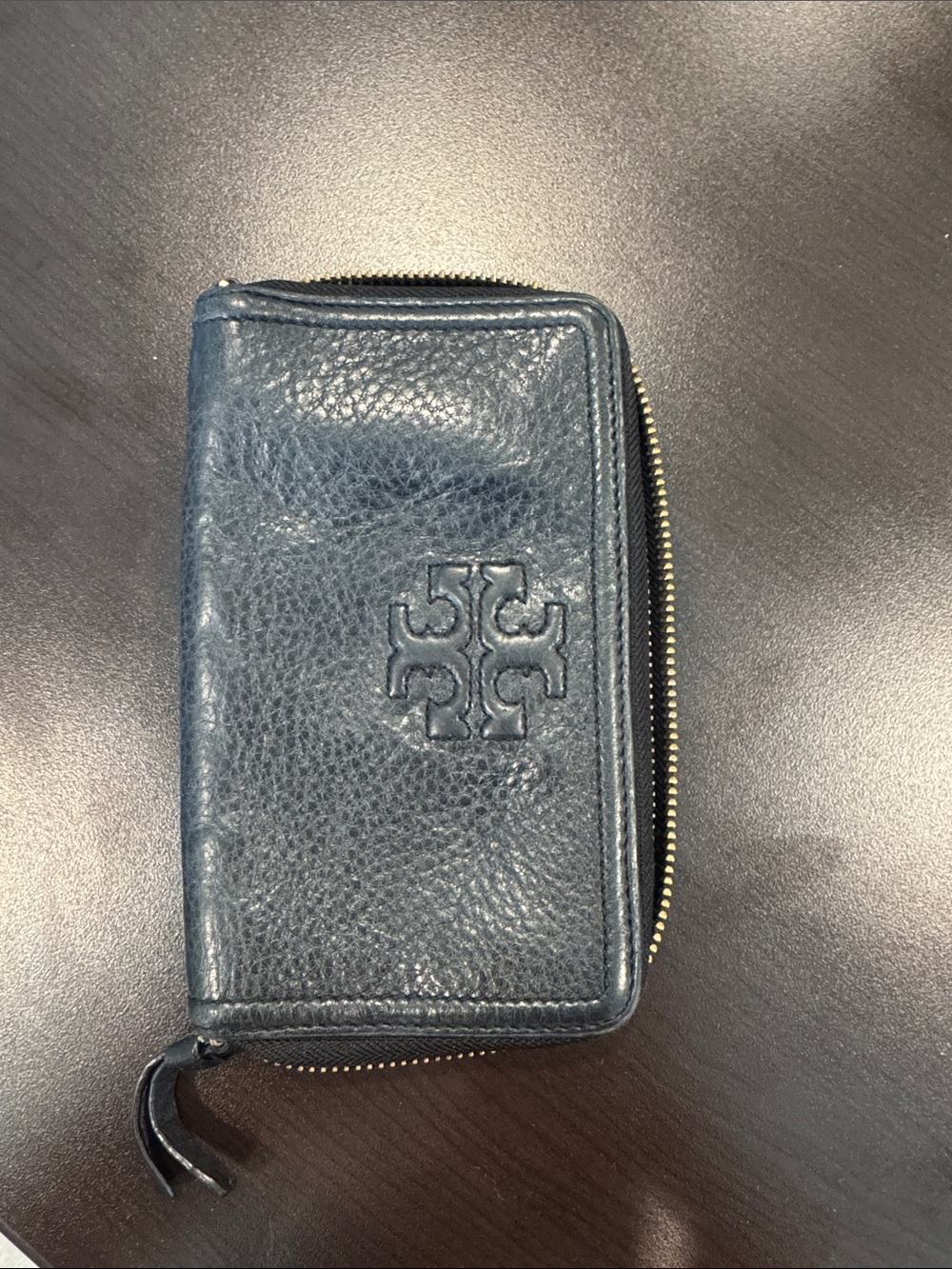 Tory Burch Black Pebbled Leather Zip Wallet with Logo